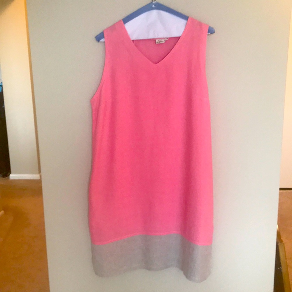Linen sleeveless dress peach color with tan border at hem